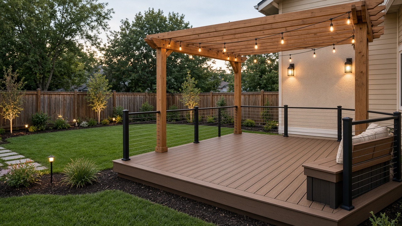 After: composite deck with pergola and lighting
