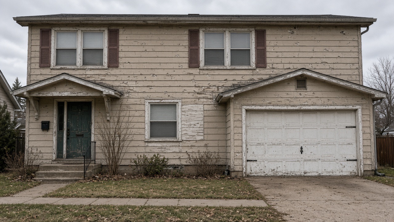 Before: faded, damaged wood siding