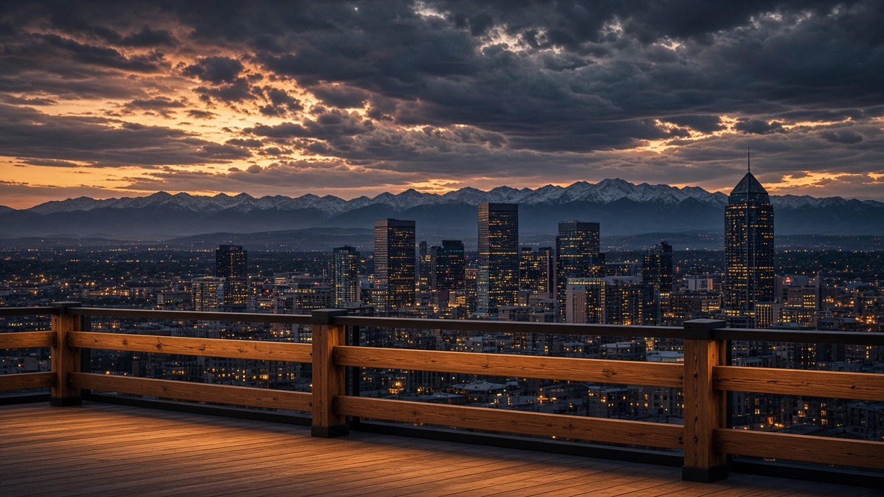 Denver skyline at dusk from a wood deck with the Rocky Mountains behind