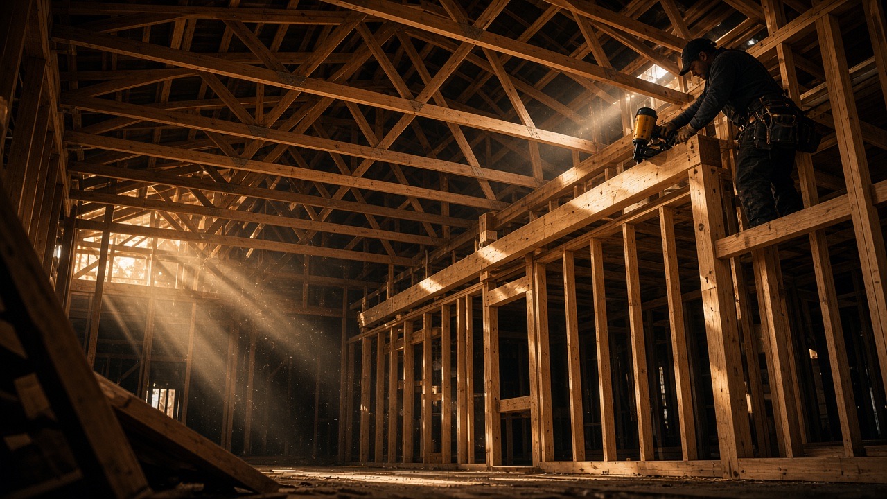 Interior view of engineered roof trusses and stud walls lit by sunlight
