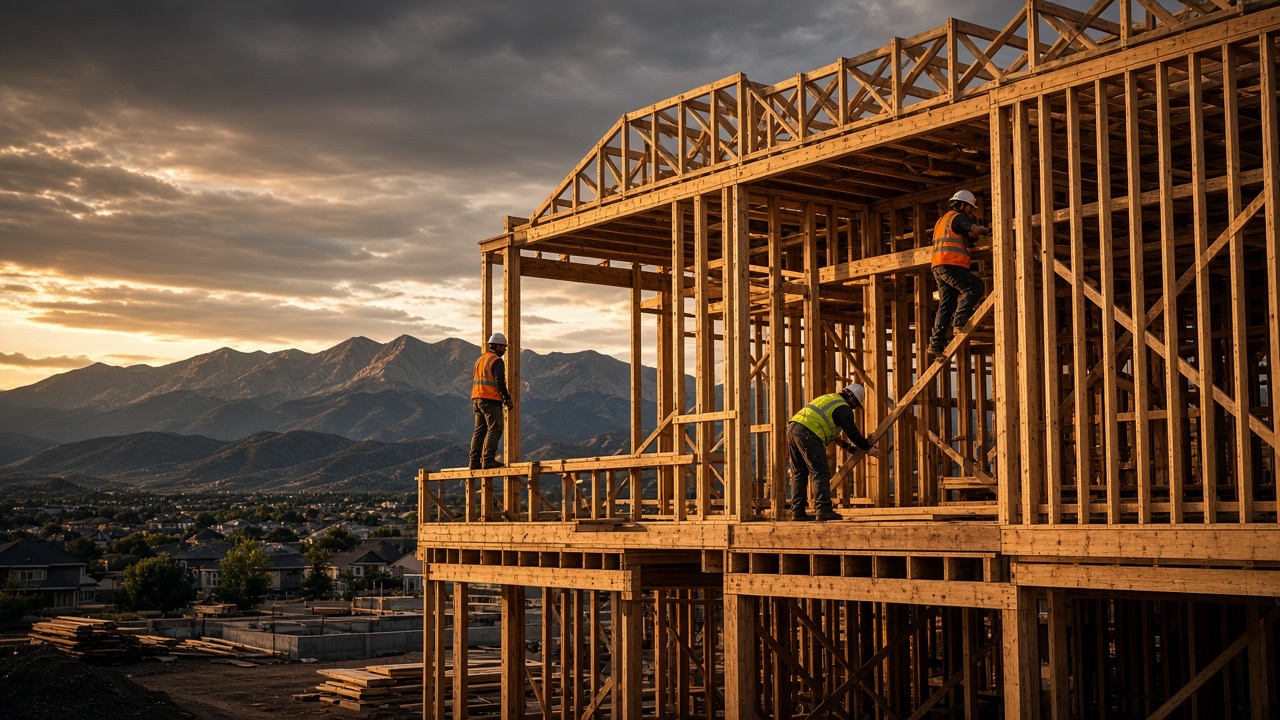 Framing crew working on a two-story home at golden hour with the Colorado Front Range behind