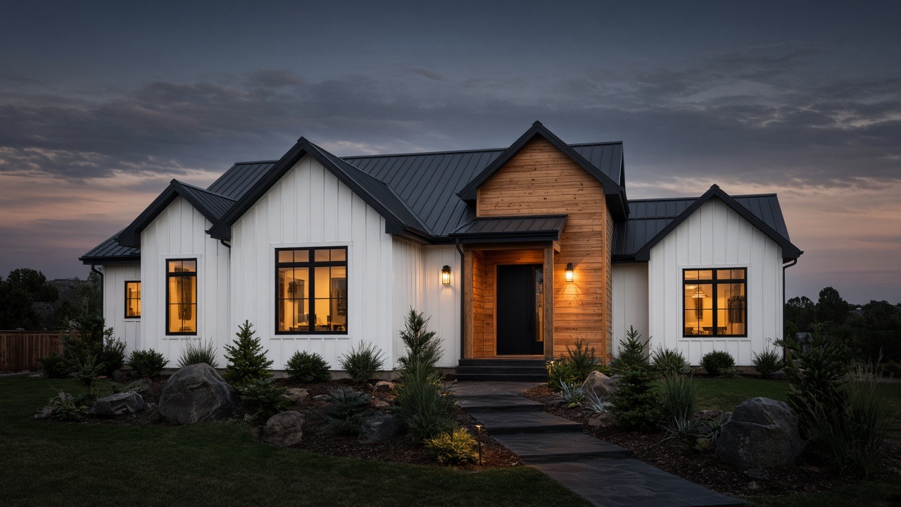Completed modern farmhouse with white board-and-batten siding at twilight