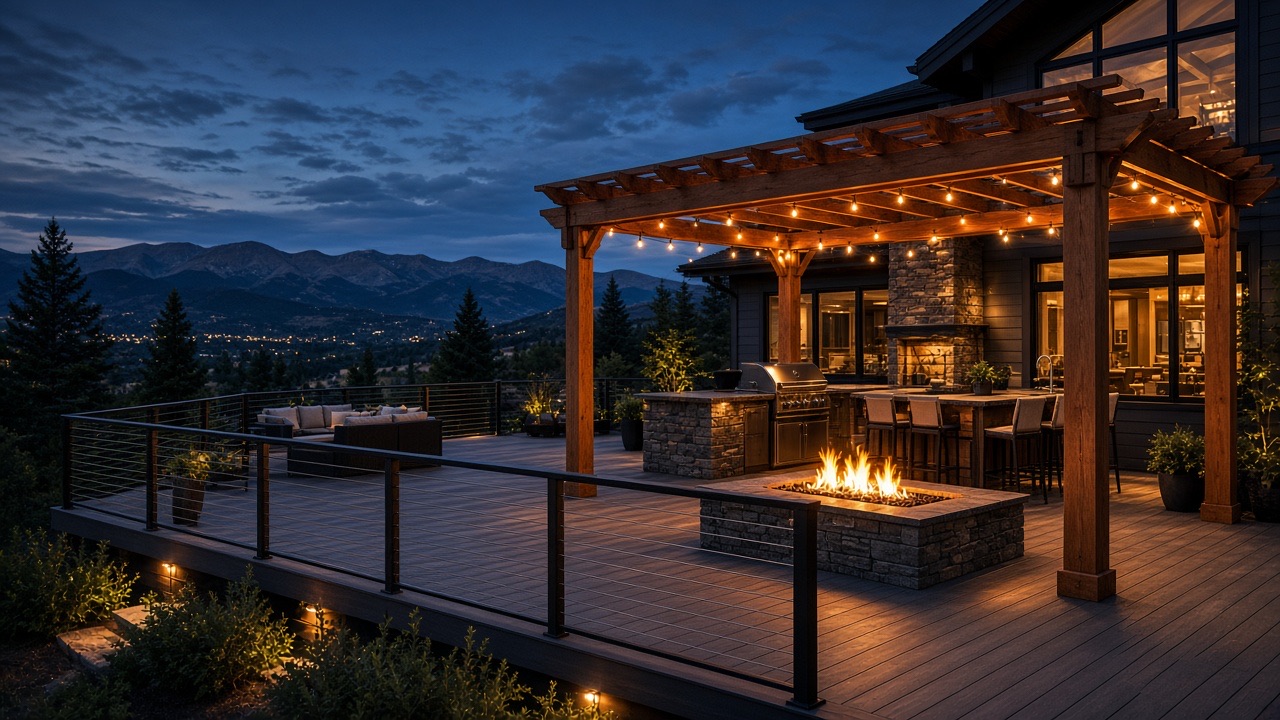 Composite deck with cedar pergola, outdoor kitchen and fire feature at dusk