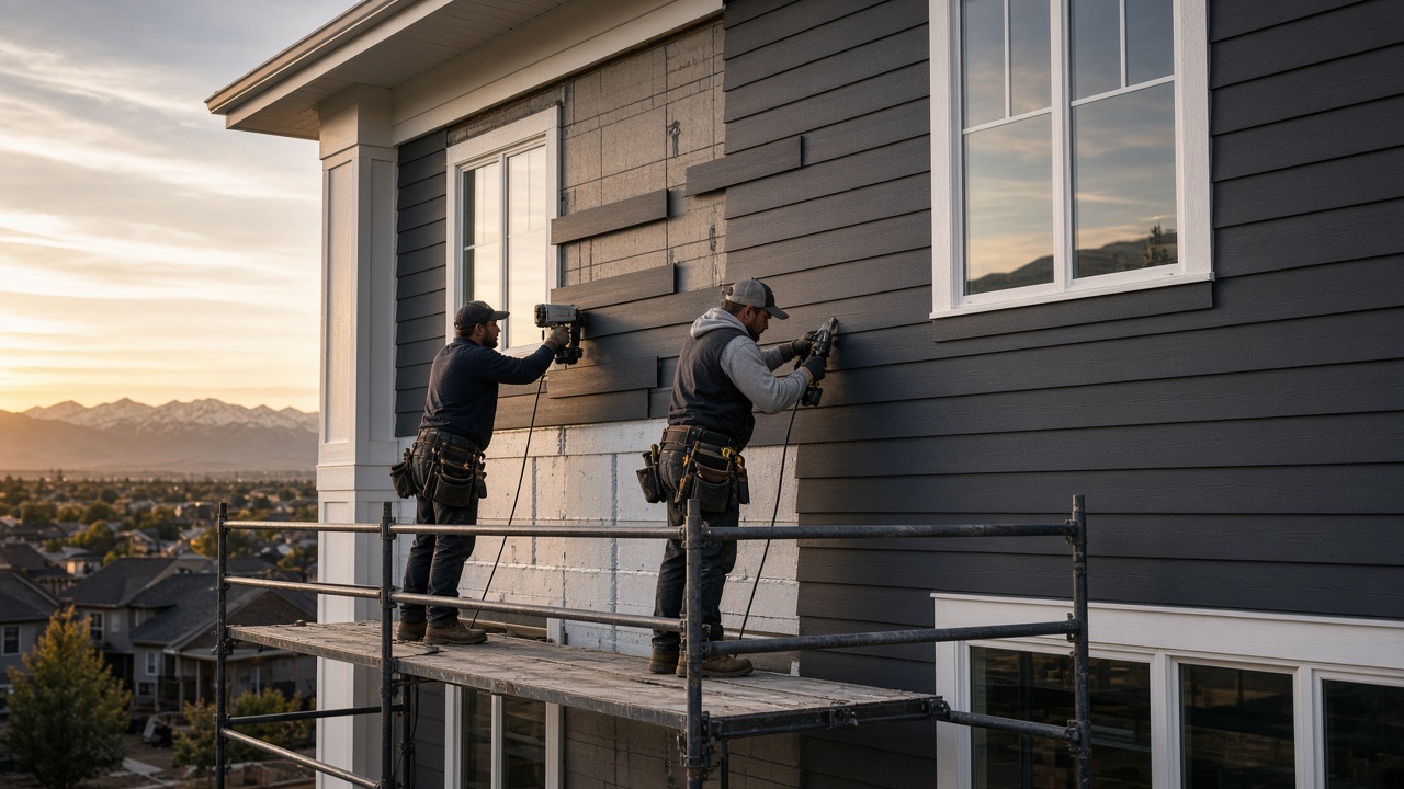 Two installers fastening charcoal fiber cement siding on a modern home