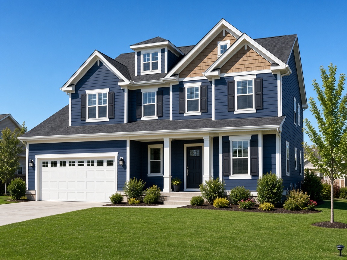 Two-story home with new navy blue fiber cement siding