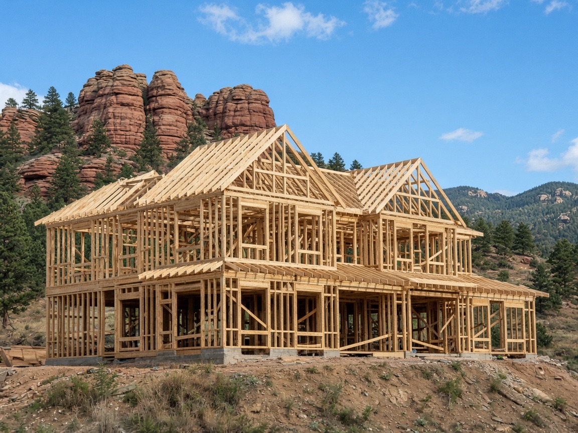 Fully framed custom home in Castle Rock with red rock formations behind