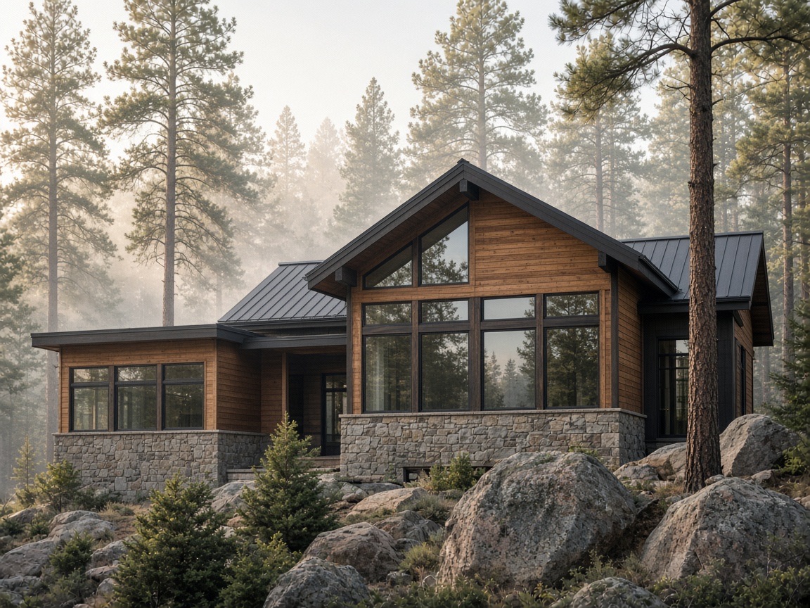 Mountain modern home with cedar siding among pines