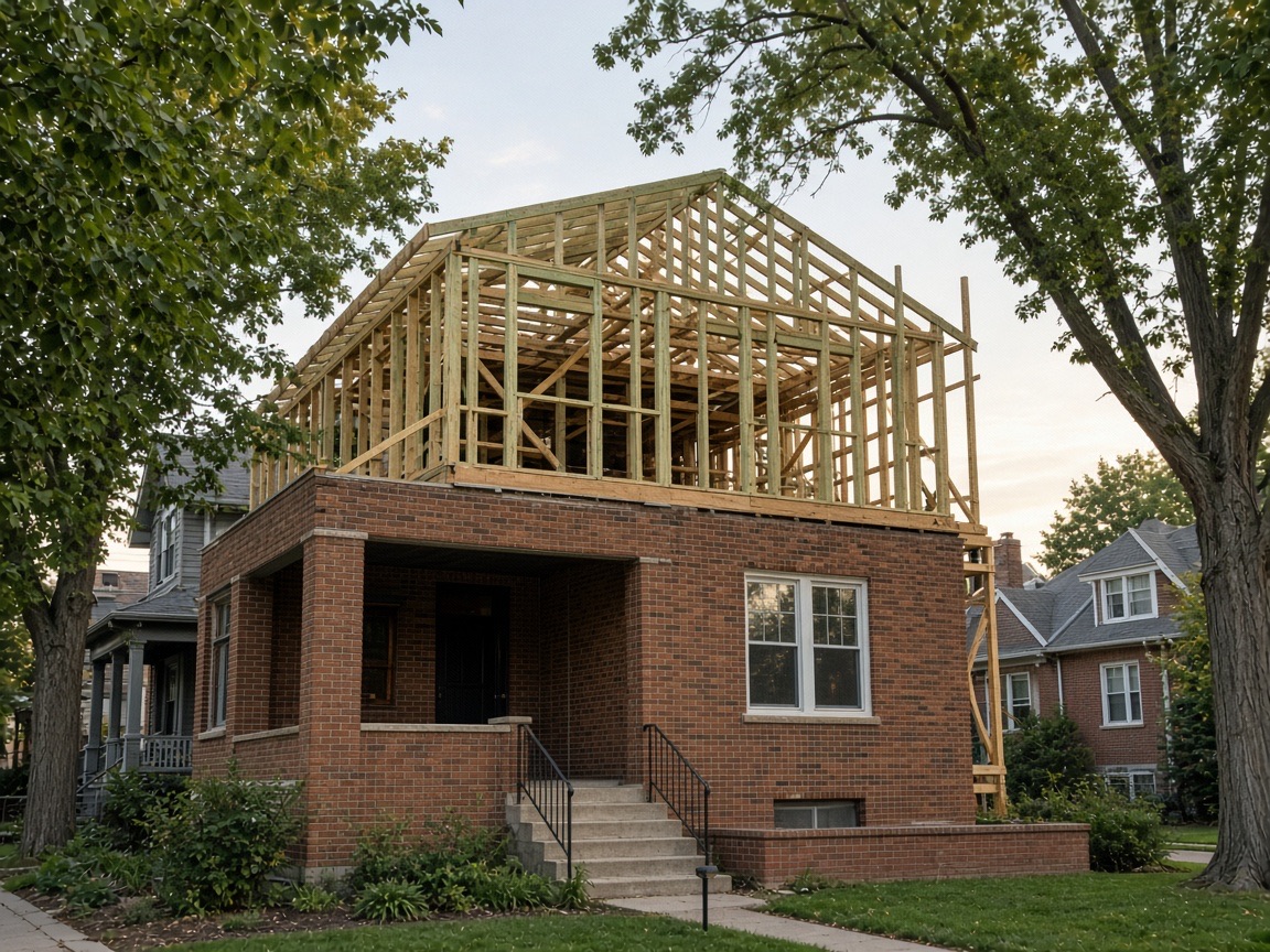 Brick bungalow with a newly framed second-story addition
