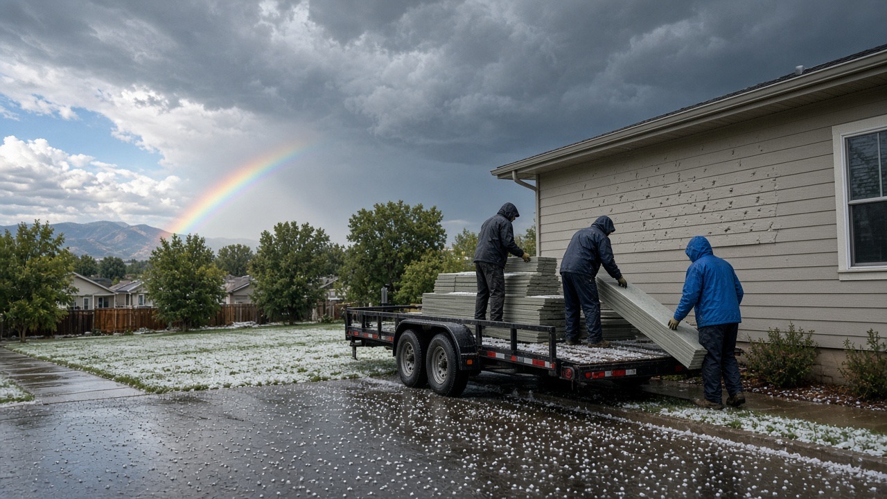 Siding crew unloading fiber cement after a hailstorm