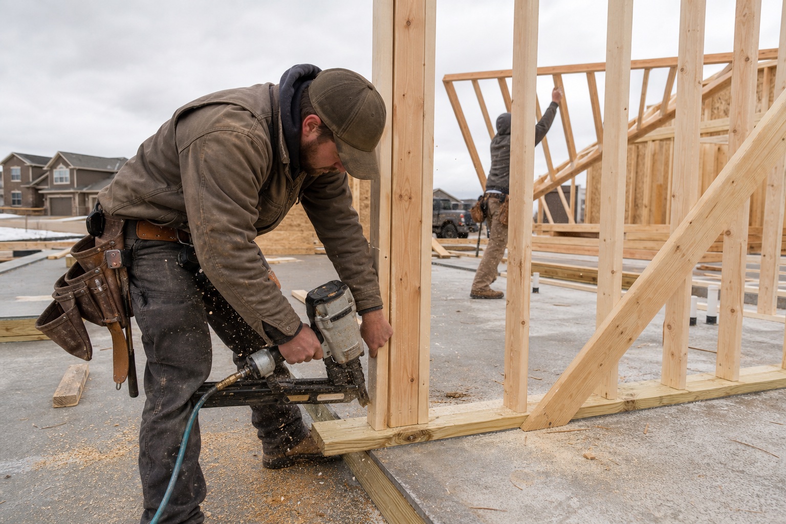 Framers standing a wood-framed wall on a job site