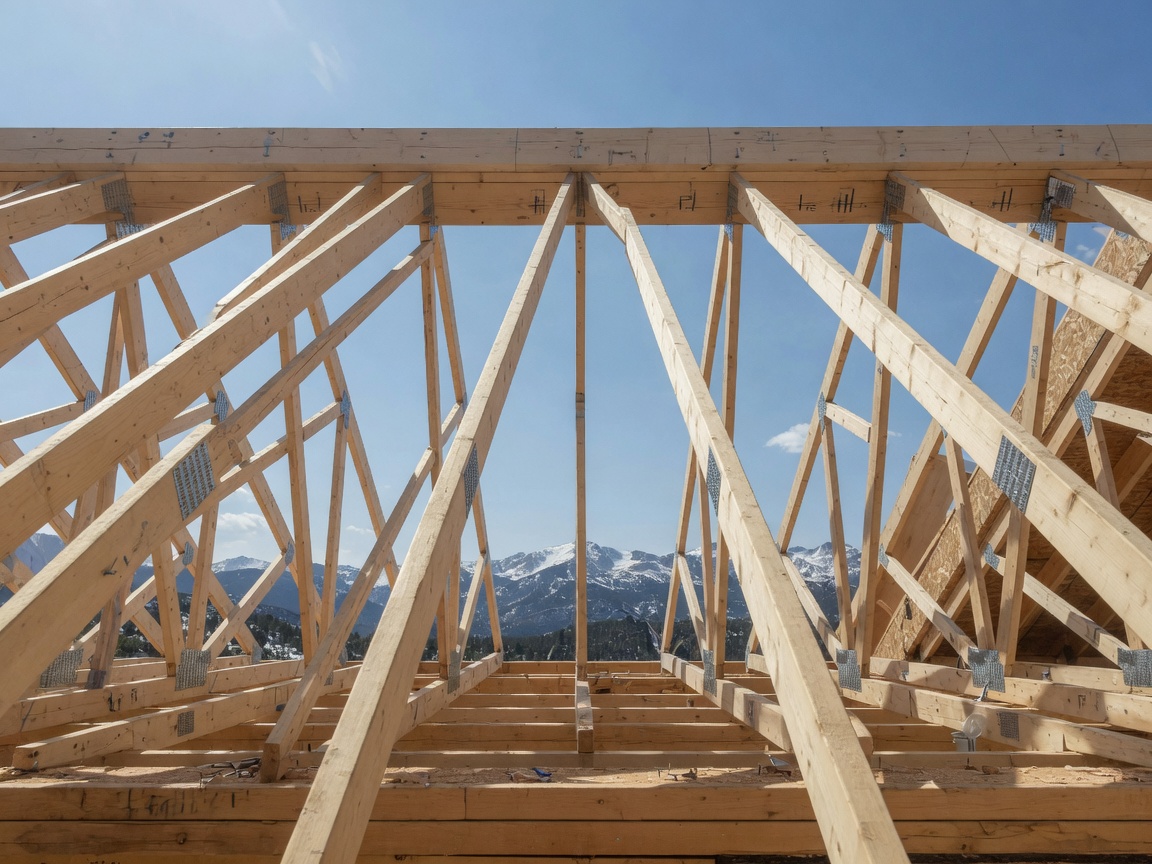 Roof trusses on a new home with the Front Range beyond