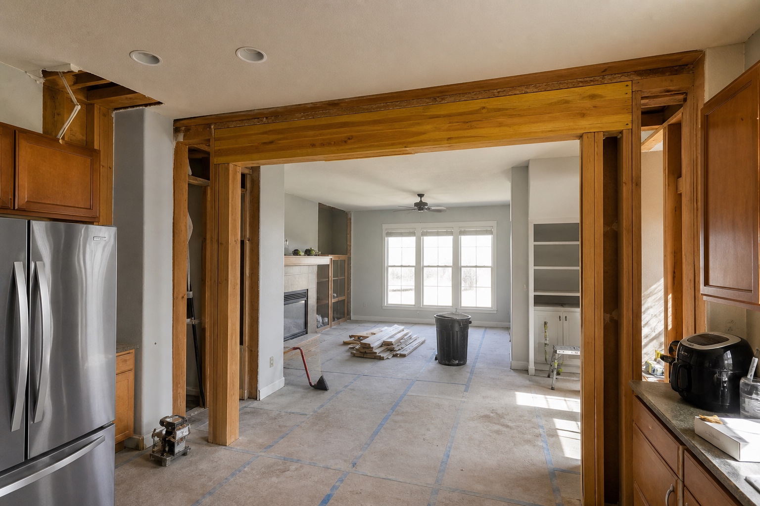 Kitchen opened to the living room with a new structural beam
